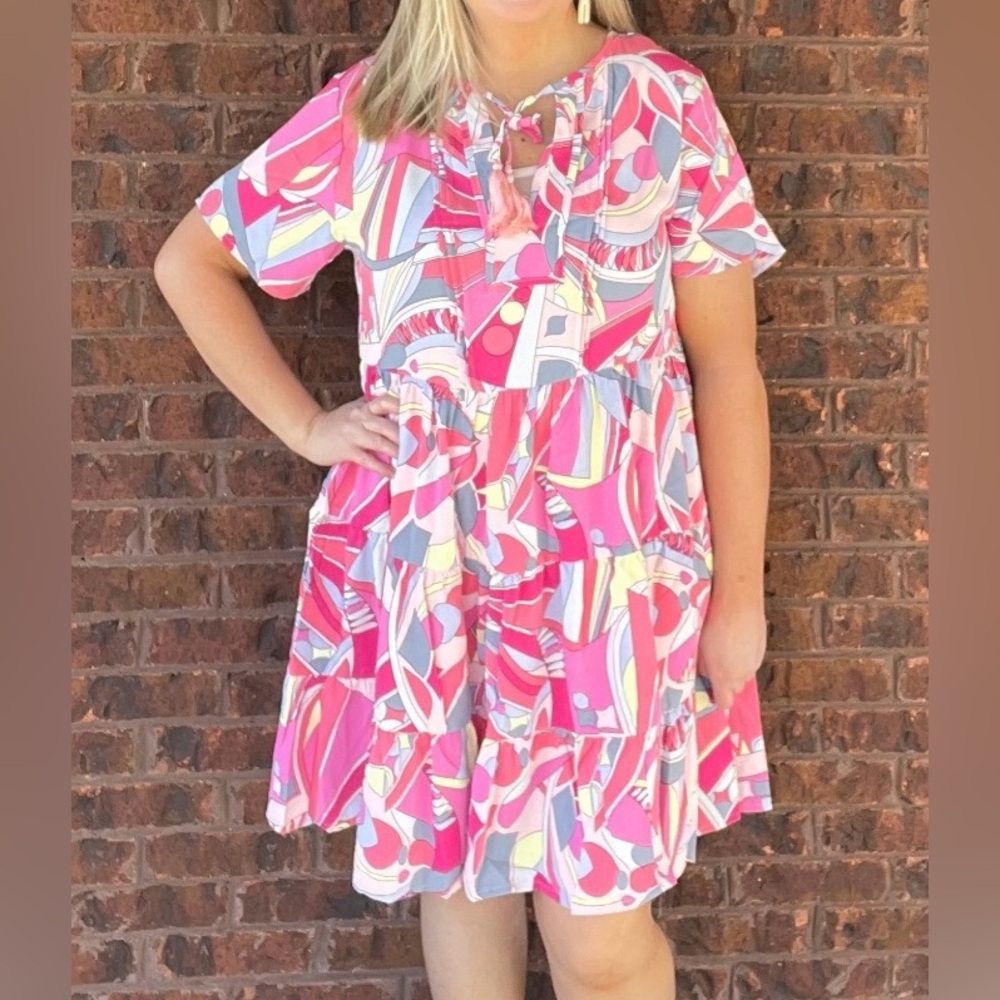 NEW! Women’s Pink Abstract Print Tassel Tie Flared Dress!